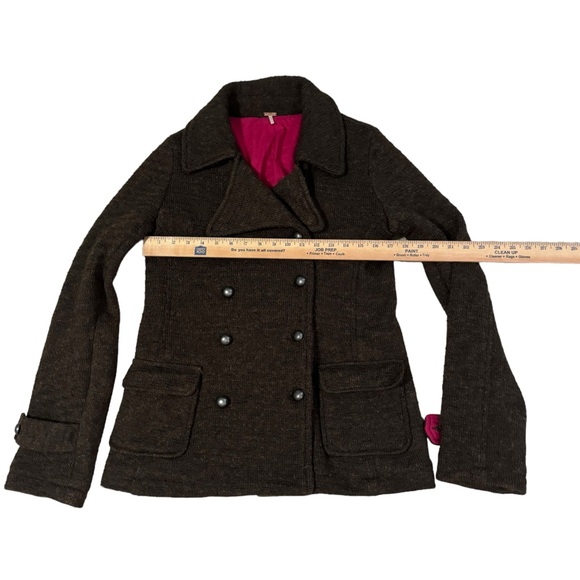 Free People Lambswool Double Breasted Coat Womens Medium Brown Geometric Pink - Picture 8 of 9